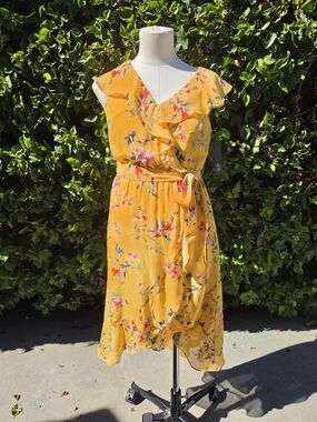 AGB Faux Wrap Dress Petite Small Yellow Floral Chiffon Ruffle NWT